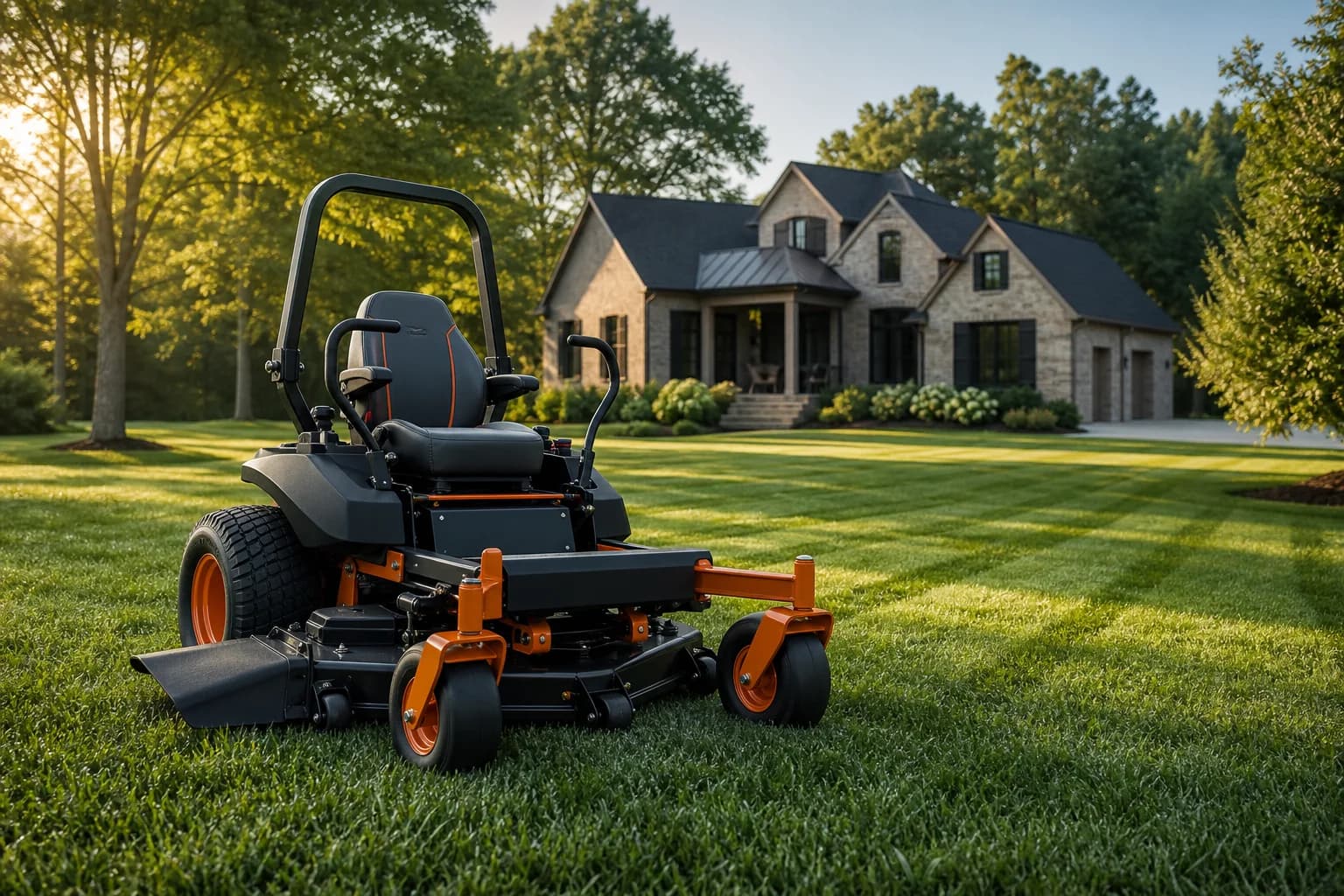 Professional lawn equipment on a freshly mowed lawn