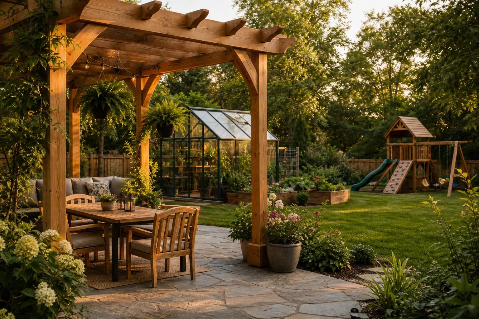 Backyard with pergola, greenhouse, and swing set